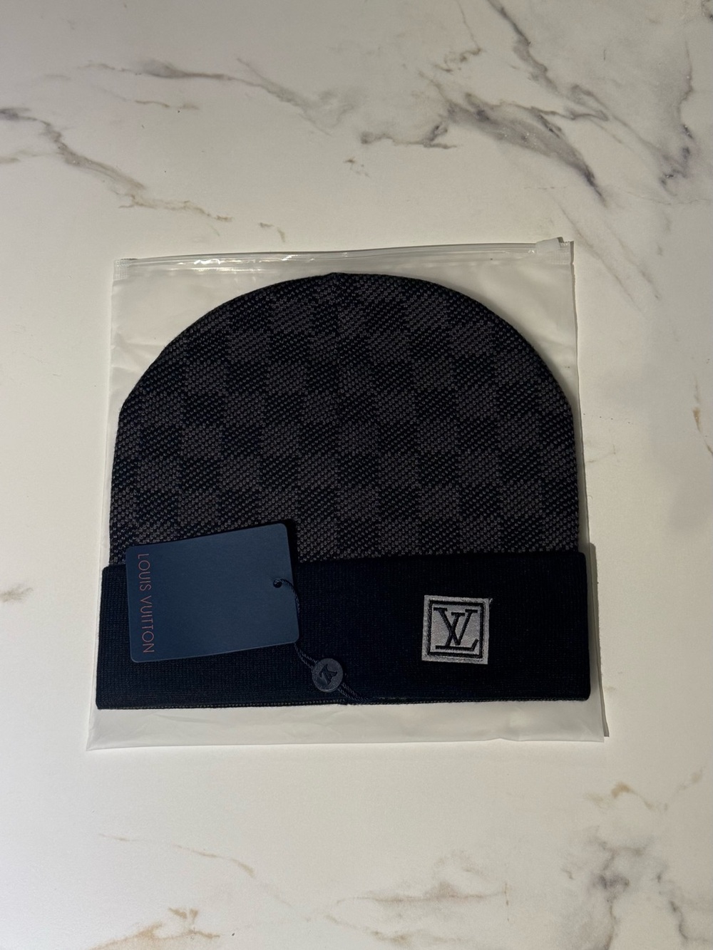 Louis Vuitton Men’s Black and Dark Gray Checker Knit Beanie